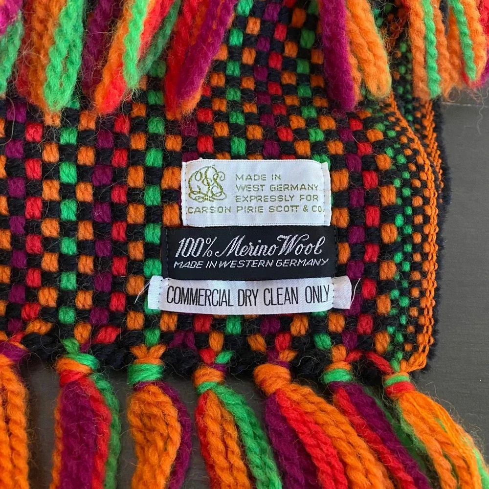 Vintage Carson Pirie Scott Merino Wool Scarf West Germany Multi Color Woven 46in